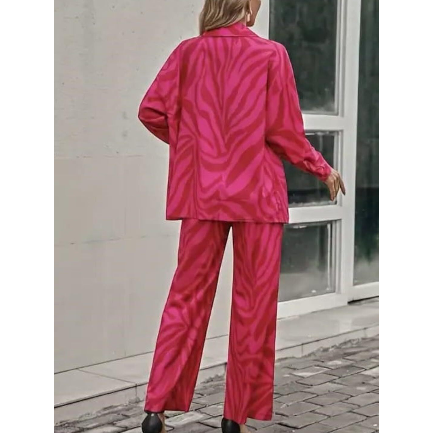 Gufrina Women's Co-Ords Set - Pink Zebra Print Shirt Collar Button-Down Top And Wide-Leg Pants, Rayon Fabric (Pink Xl)