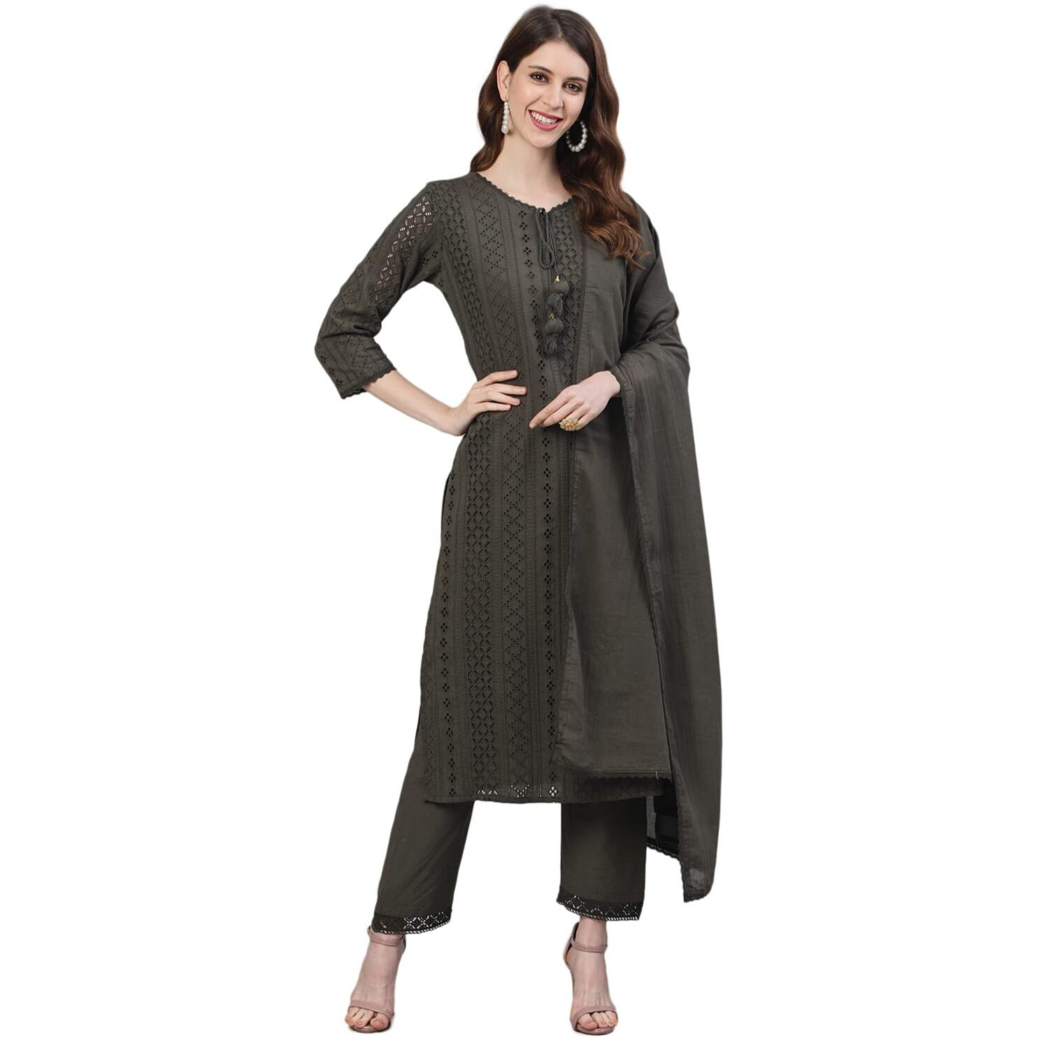 Ishin Women's Pure Cotton Embroidered A-Line Kurta Suit Set With Dupatta & Pants Kpldflowmp-10094_M_Olive