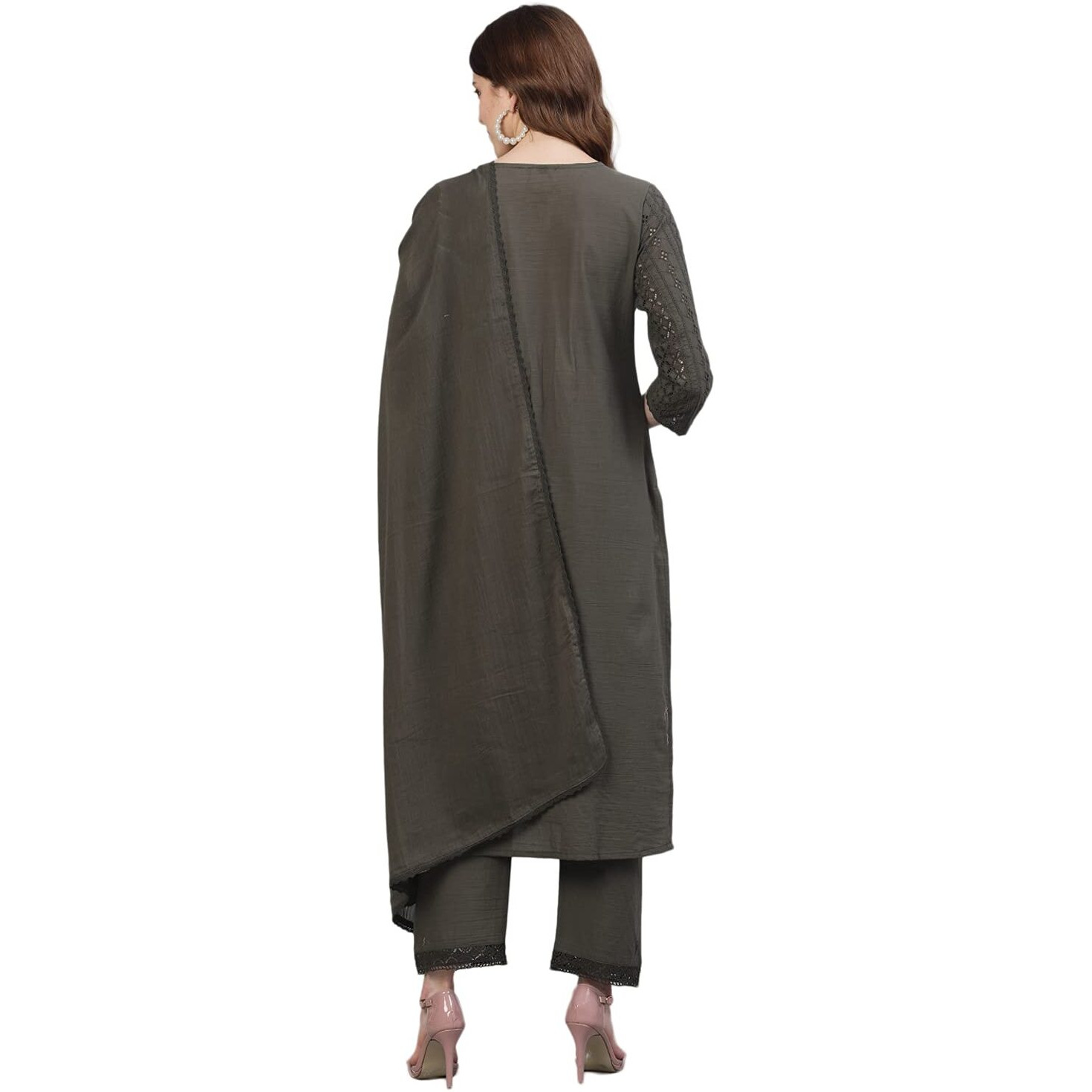 Ishin Women's Pure Cotton Embroidered A-Line Kurta Suit Set With Dupatta & Pants Kpldflowmp-10094_M_Olive