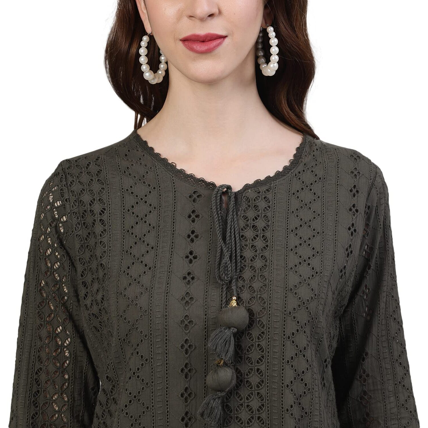 Ishin Women's Pure Cotton Embroidered A-Line Kurta Suit Set With Dupatta & Pants Kpldflowmp-10094_M_Olive