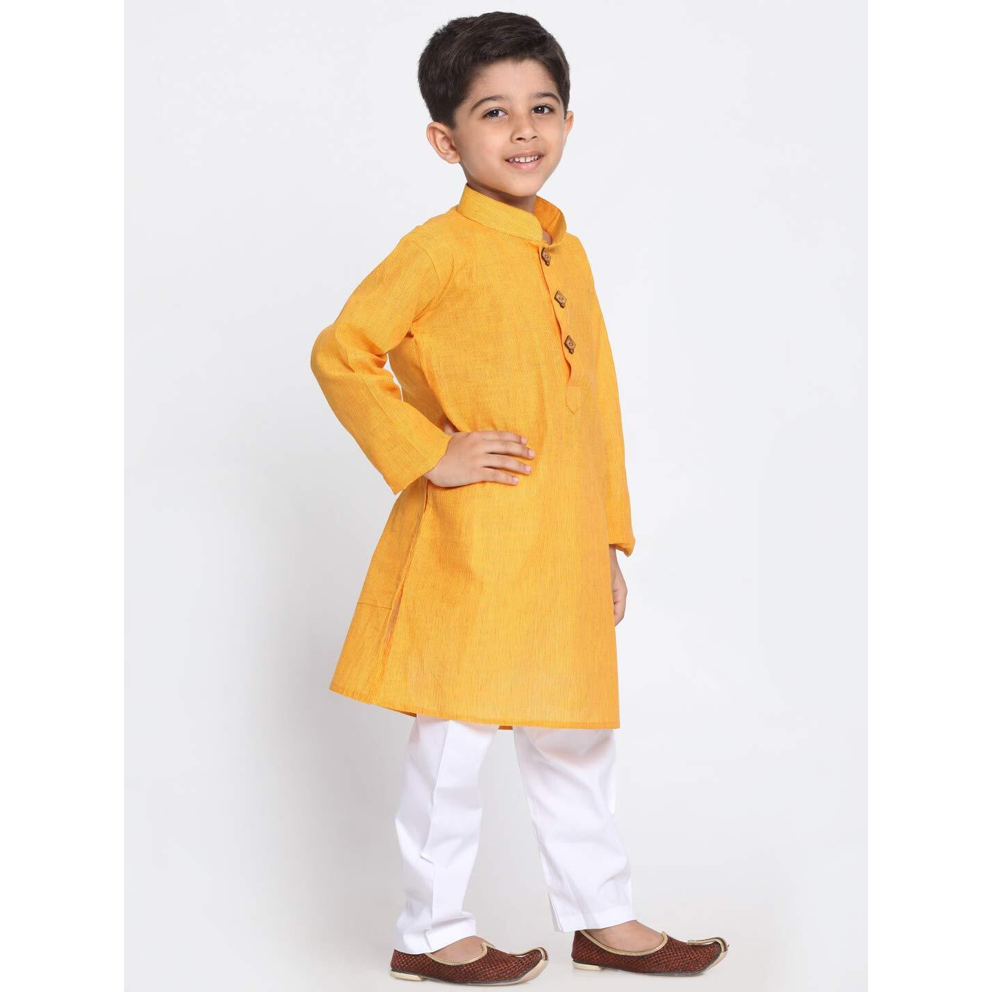 Jbn Creation Boys Pure Cotton Yellow And White Kurta Pyjama Set - Ethnic Elegance For Festivals | Comfortable Traditional Pure South Handloom Cotton Kurta Pyjama For Kids_Jbnbk070Mdnpwh_32L