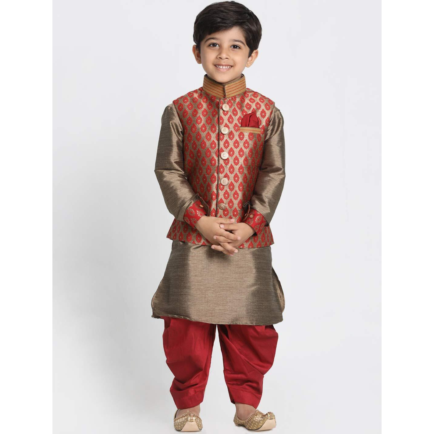 Jbn Creation Boys' Maroon And Rose Gold Silk Blend Ethnic Jacket, Kurta And Dhoti Pant Set_Vasbj025Manbuk006Mancdma_20