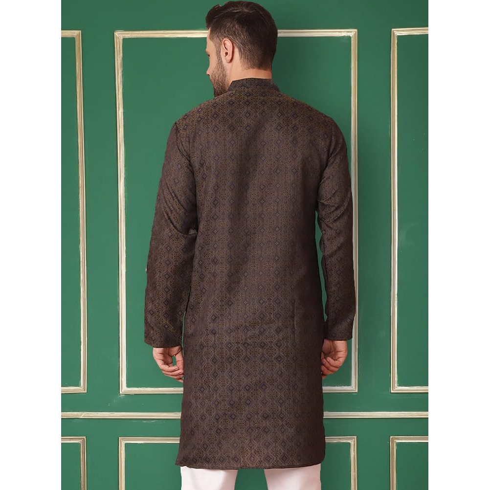 Jompers Men's Navy Woven Design Silk Blend Kurta Only (Navy, M)