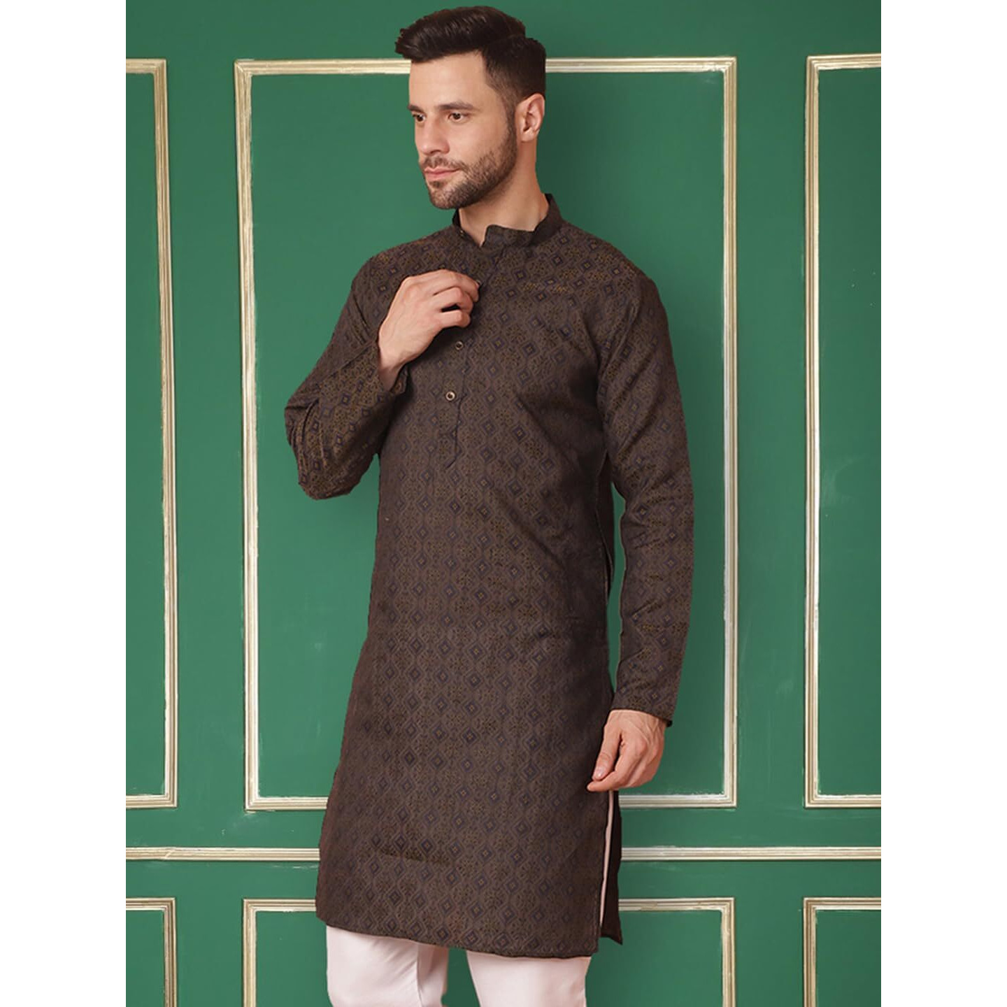 Jompers Men's Navy Woven Design Silk Blend Kurta Only (Navy, M)