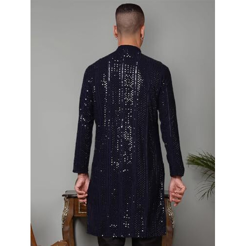 Jompers Navy Sequins Embroidered Kurtas For Men. (Navy, M)