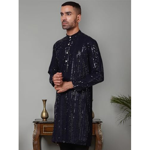 Jompers Navy Sequins Embroidered Kurtas For Men. (Navy, M)