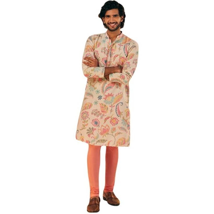 Kisah Men's Kurta Churidar Set, Multi Pure Cotton, Printed Regular Fit Mandarin Collar Long Sleeves (Medium) Multicolour