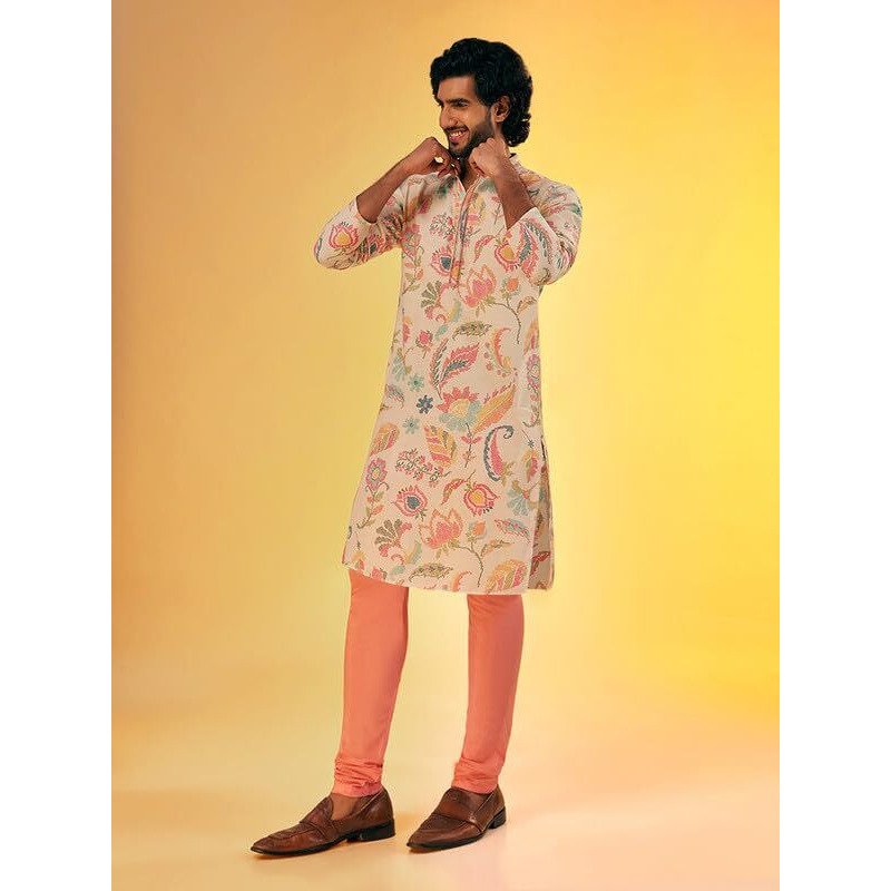 Kisah Men's Kurta Churidar Set, Multi Pure Cotton, Printed Regular Fit Mandarin Collar Long Sleeves (Medium) Multicolour
