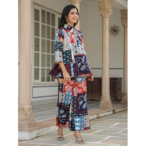 Leriya Fashion Rayon Printed Regular Stylish Ethnic Co Ord Designer Kurta Set For Women (Lf-W2146&Tr1113_Multicolour_ErrorRef)