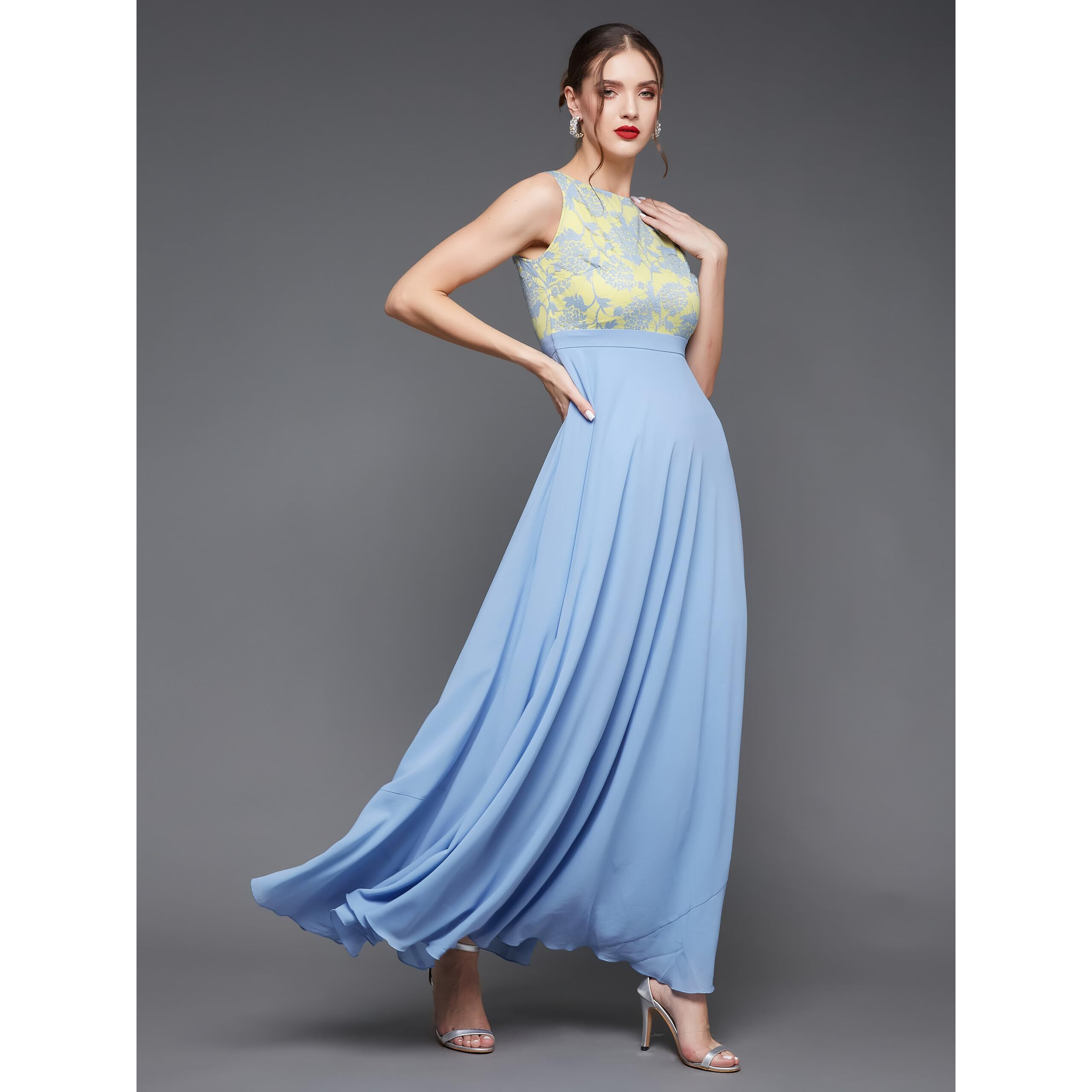 Miss Chase Women's Round Neck Sleeveless Georgette Floral Lace Fit & Flare Maxi Dress Sky Blue