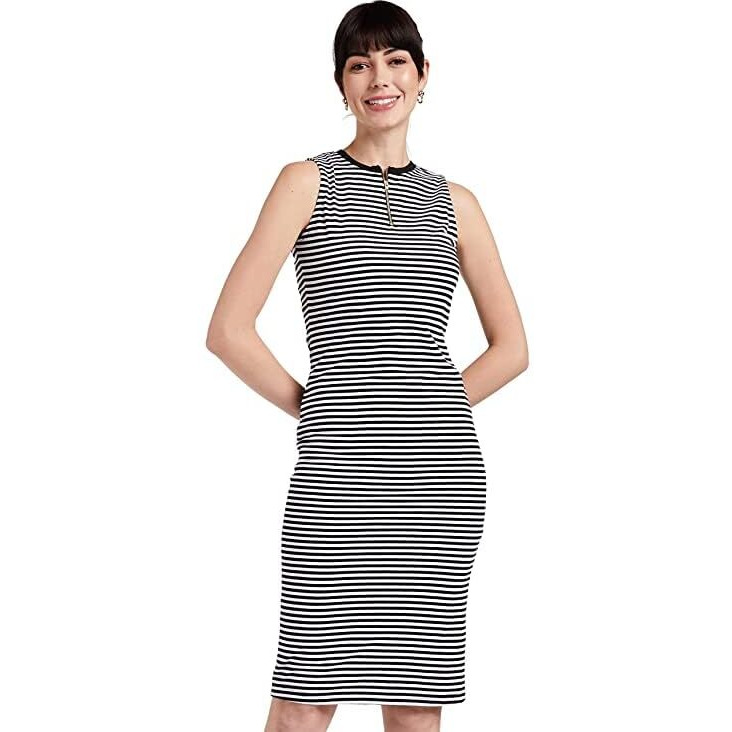Miss Chase Women's Comfortable Sleeveless Striped Midi Bodycon Dress With Zipper | 3 Colors(Mcss17D07-87-98-02,Black And White,X-Small)