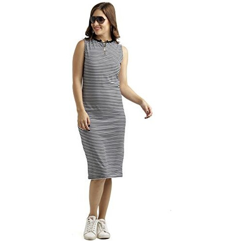 Miss Chase Women's Comfortable Sleeveless Striped Midi Bodycon Dress With Zipper | 3 Colors(Mcss17D07-87-98-02,Black And White,X-Small)