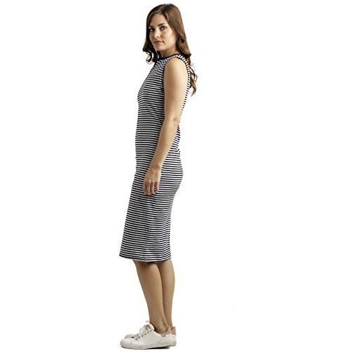 Miss Chase Women's Comfortable Sleeveless Striped Midi Bodycon Dress With Zipper | 3 Colors(Mcss17D07-87-98-02,Black And White,X-Small)