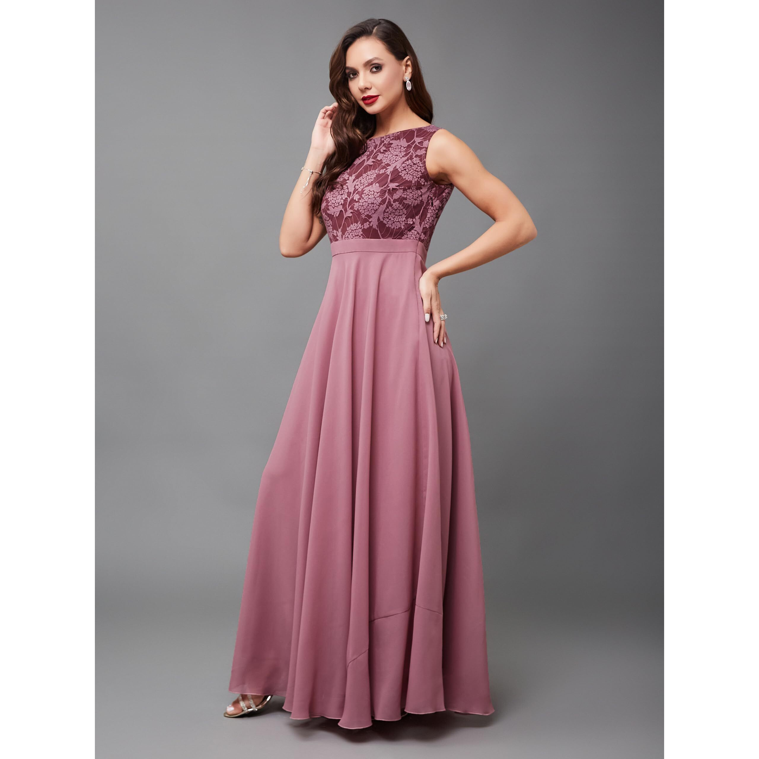 Miss Chase Women's Round Neck Sleeveless Floral Lace Fit & Flare Maxi Dress (Plus (Mcss24D97-10-196-02, Lavender, Xs)