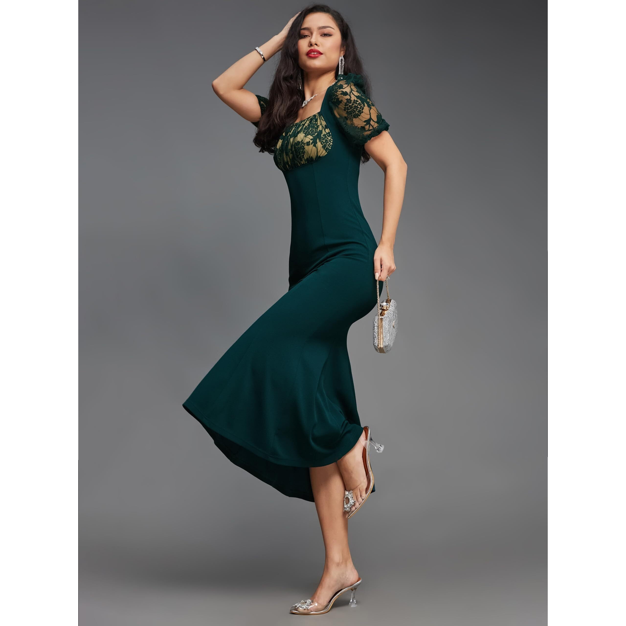 Miss Chase Women's Square Puff Sleeve Solid Lace Overlaid Ankle Length Dress (Plus (Mcss22D13-48-42-06, Dark Green, Xl)
