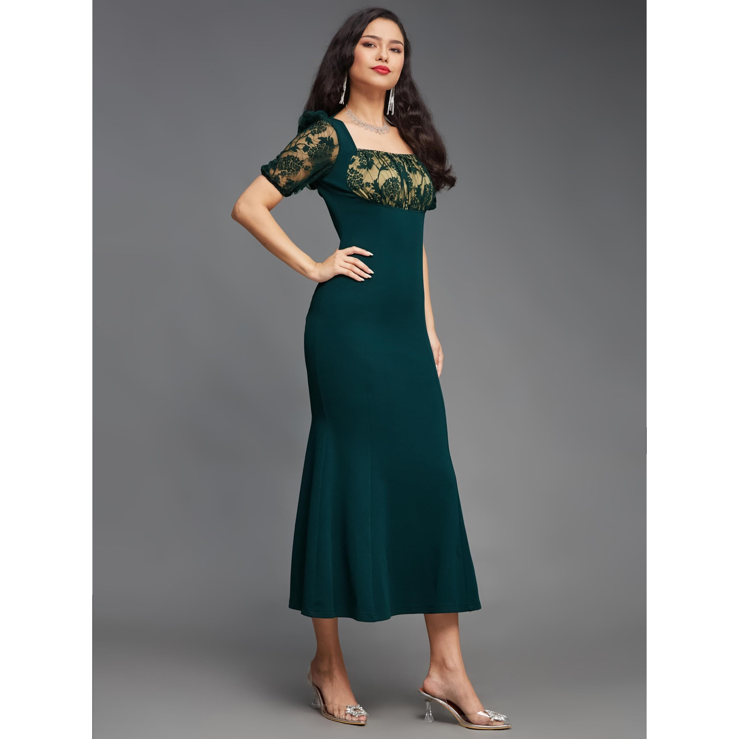 Miss Chase Women's Square Puff Sleeve Solid Lace Overlaid Ankle Length Dress (Plus (Mcss22D13-48-42-06, Dark Green, Xl)