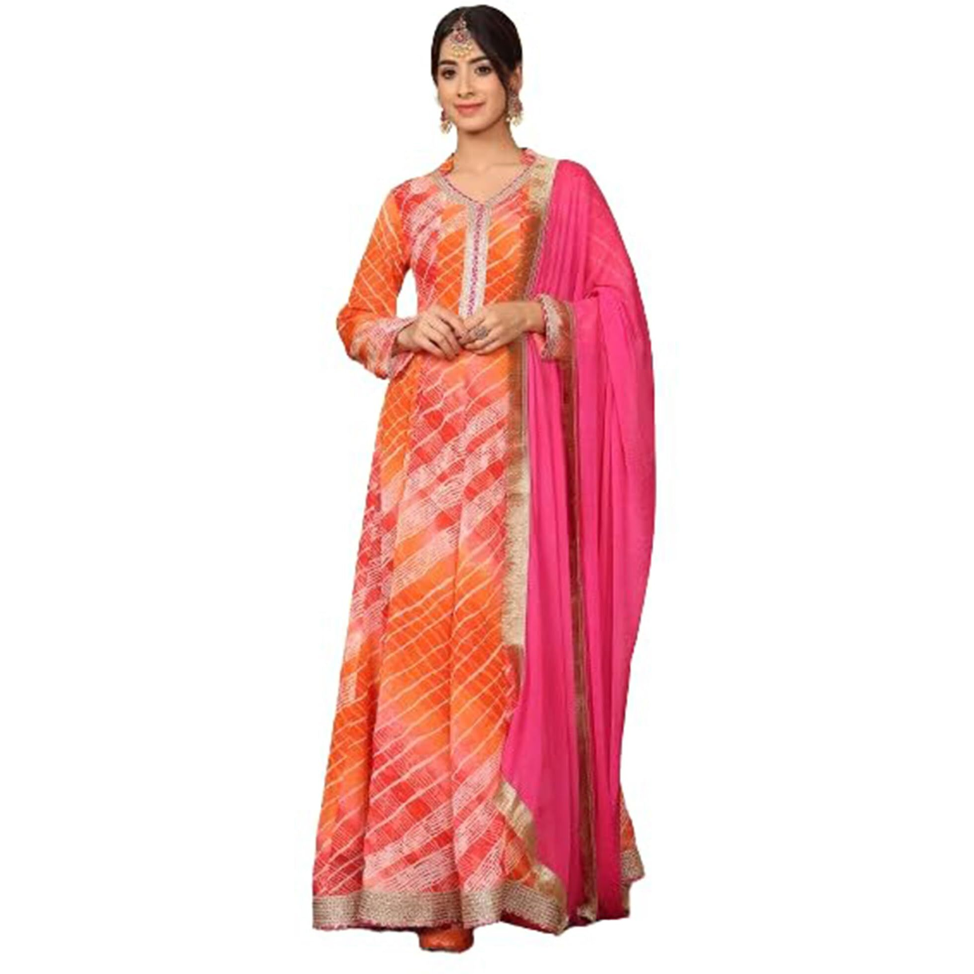 Varanga Woven Leheriya V-Neck Lace Embellished Anarkali Kurta With Dupatta  Elegant Orange And Pink Leheriya Print, Lace Detailing, V Neck, Three-Quarter Sleeves, Flared Anarkali Silhouette (Medium)