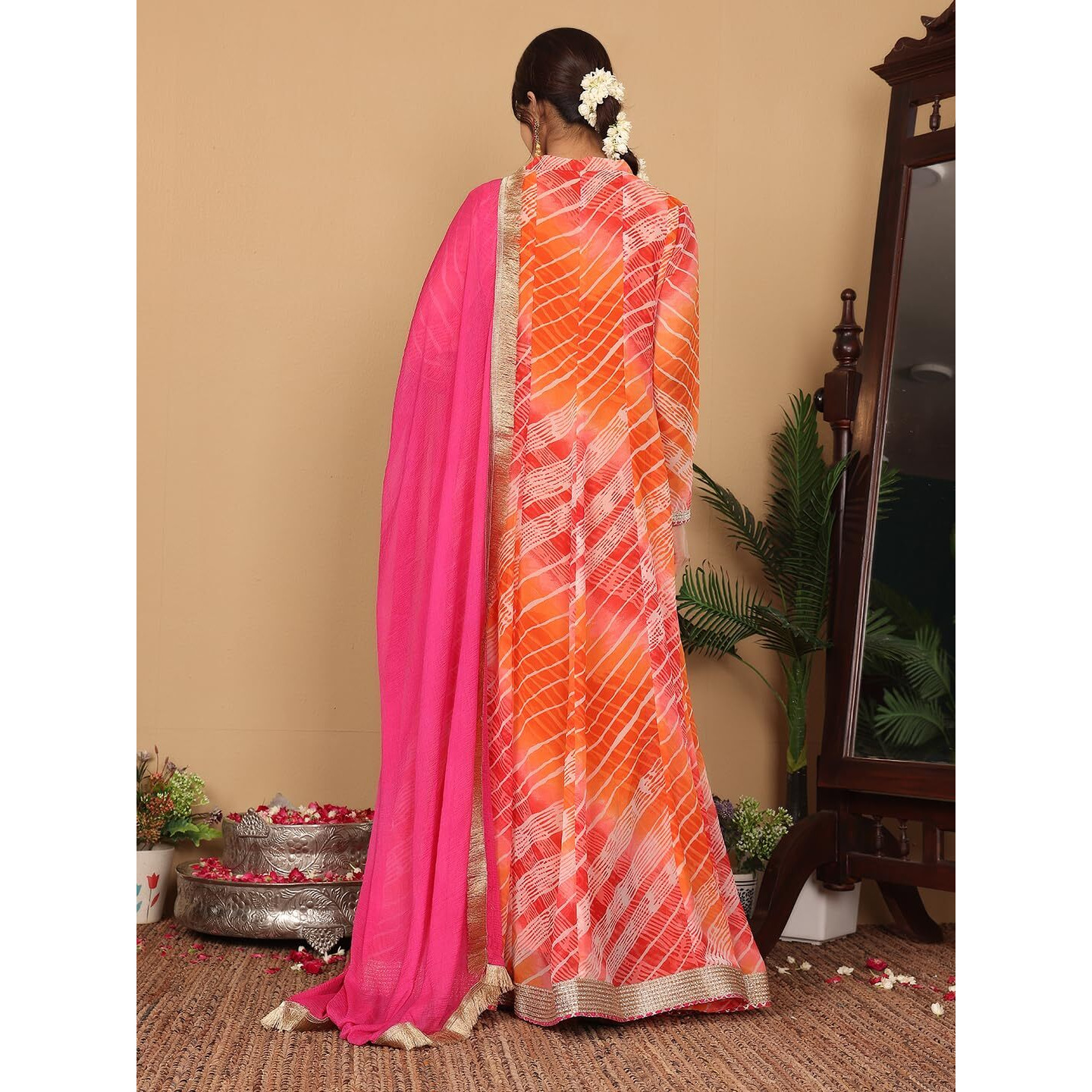 Varanga Woven Leheriya V-Neck Lace Embellished Anarkali Kurta With Dupatta  Elegant Orange And Pink Leheriya Print, Lace Detailing, V Neck, Three-Quarter Sleeves, Flared Anarkali Silhouette (Medium)