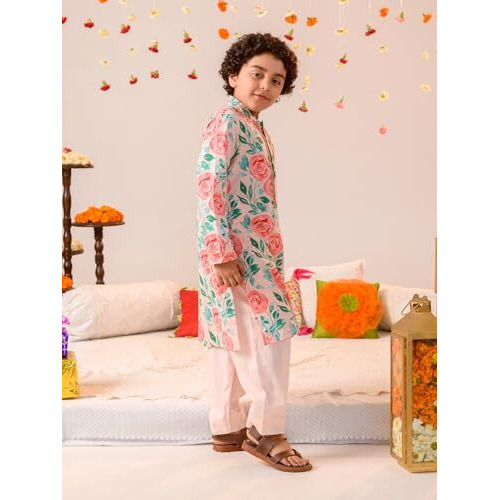 Pspeaches Boys Floral Printed Pure Cotton Kurta With Pyjamas