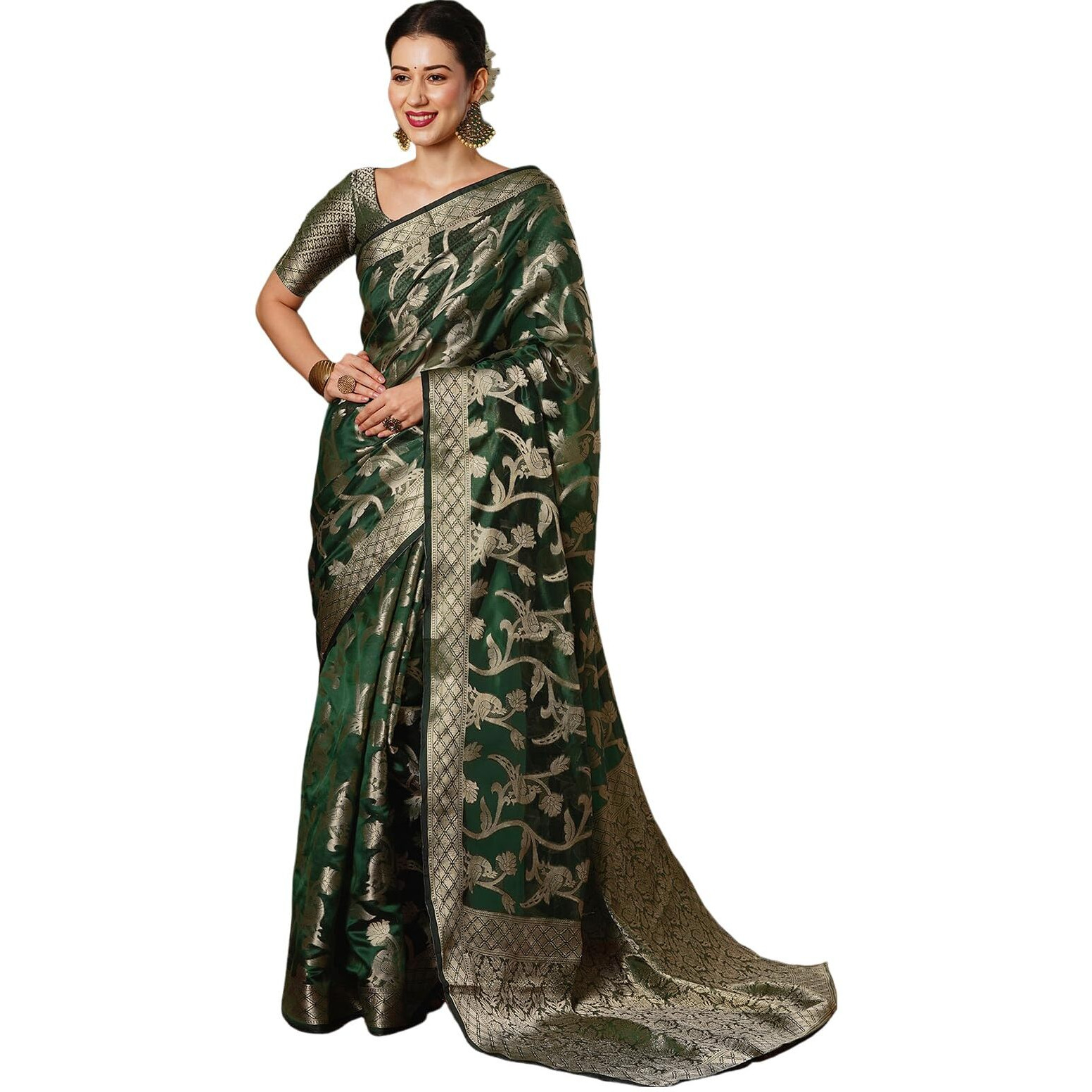Satrani Women's Banarasi Jacquard Kanjivaram Silk Blend Saree With Unstitched Blouse Piece (3749S475N_Dark Green & Golden2)