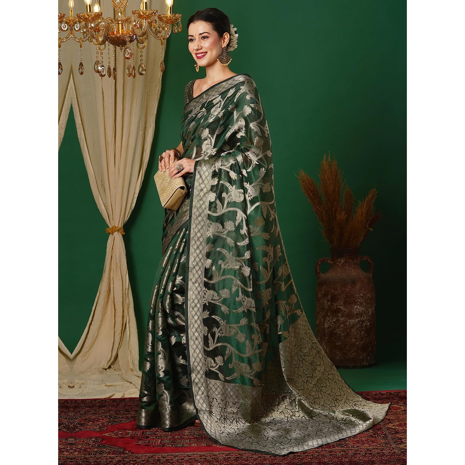 Satrani Women's Banarasi Jacquard Kanjivaram Silk Blend Saree With Unstitched Blouse Piece (3749S475N_Dark Green & Golden2)