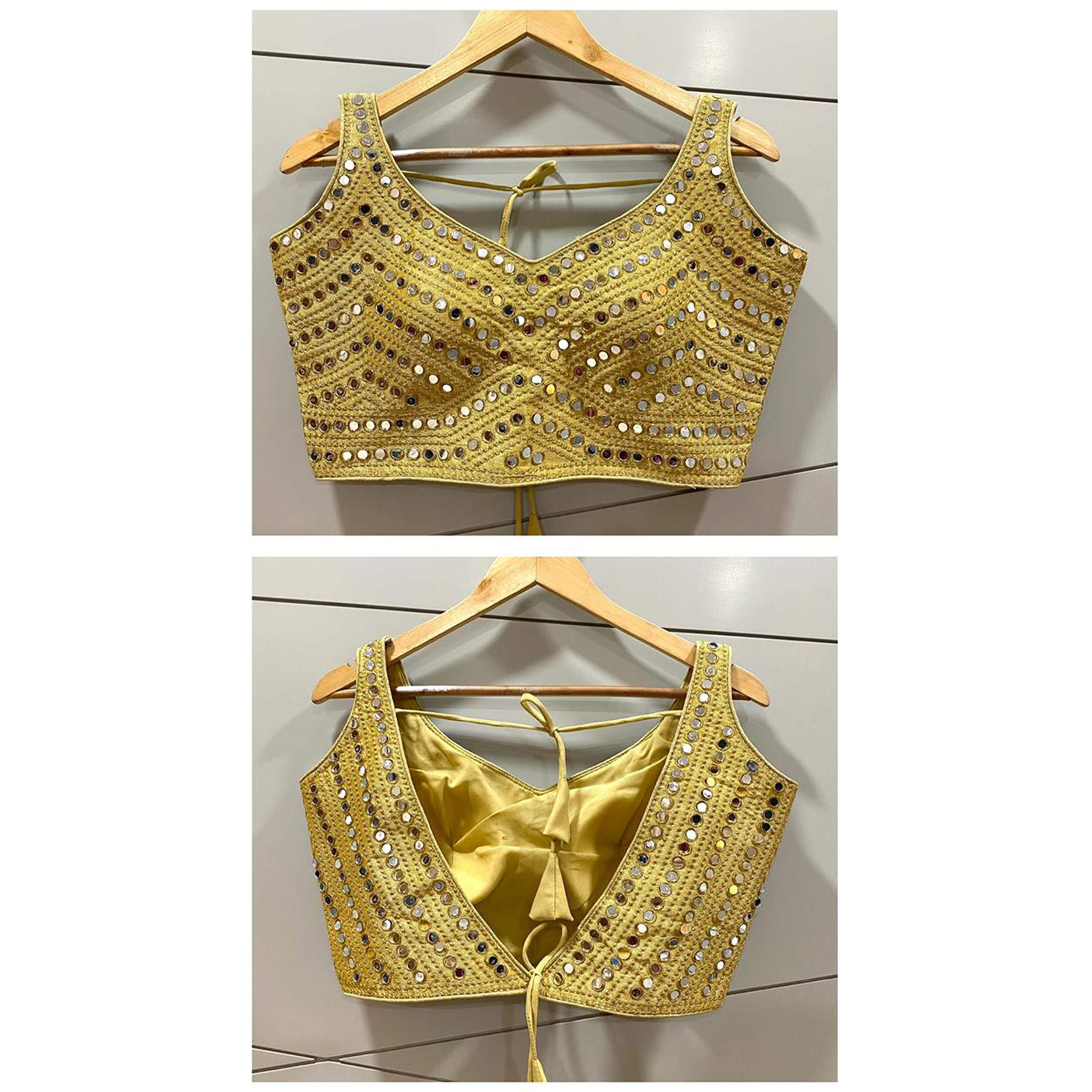 Vihu Fashion Women's Phantom Silk Embroidery Real Mirror Work Sleeveless Saree Readymade Blouse (V -Mirror Blouse_Gold_38 Size)