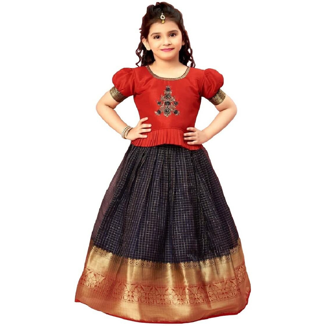 White Button New Latest Girl's Tissue Checks Readymade Lehenga Choli For Girls Dress (13-14 Years, Red Blue)