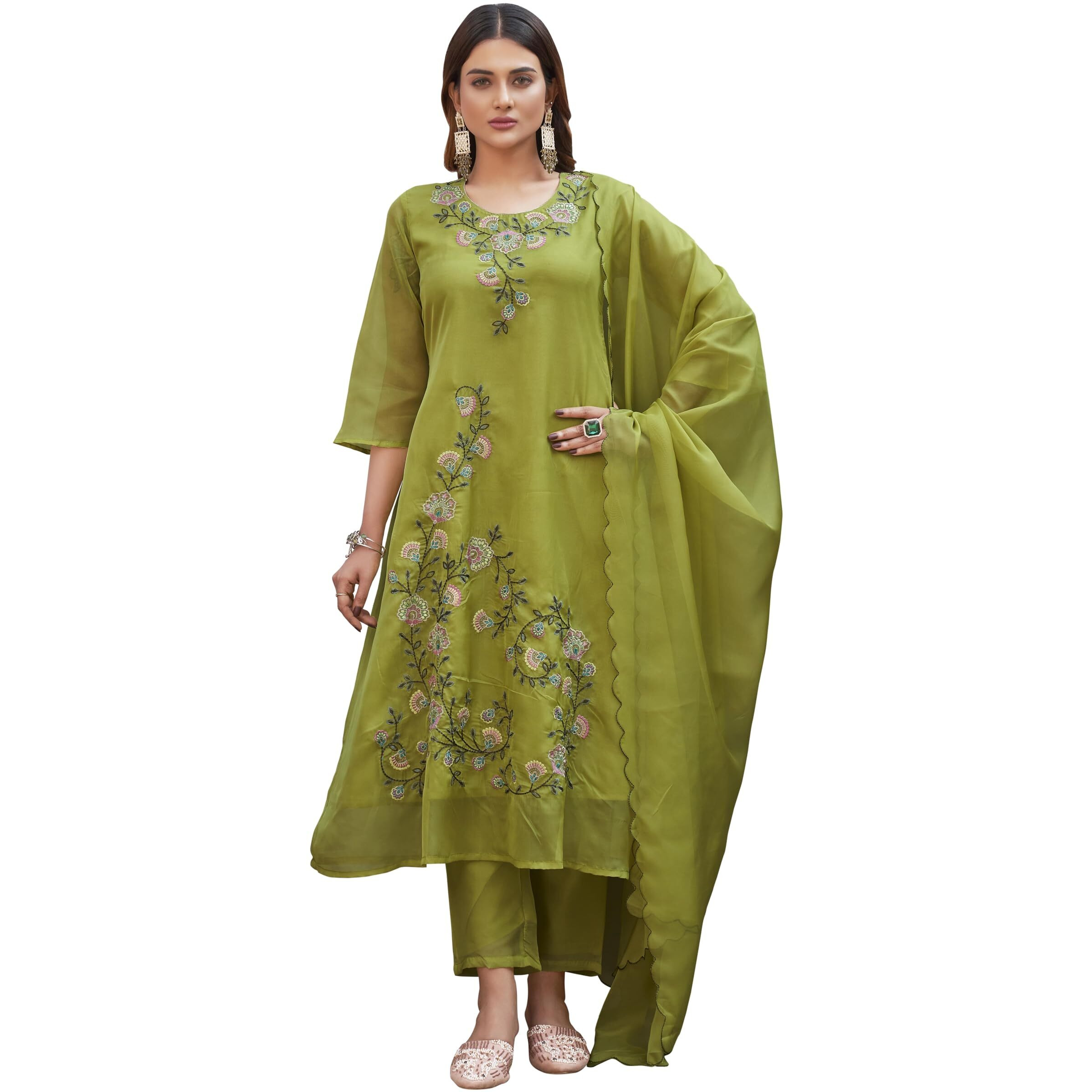 Womanista Women's Organza Kurta With Trouser & Dupatta (Kurtaset_1439_Lime Green_S)