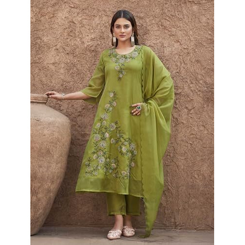 Womanista Women's Organza Kurta With Trouser & Dupatta (Kurtaset_1439_Lime Green_S)