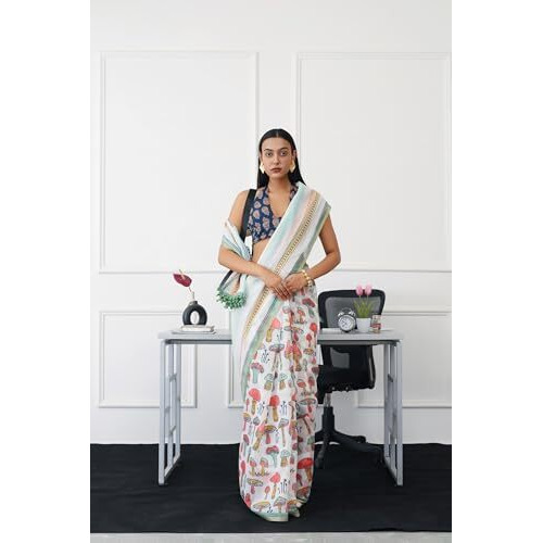 Womanista Women's Ready To Wear Multi Color Abstract Digital Printed Poly Cotton Saree(Ti6790_Off White_Onesize)