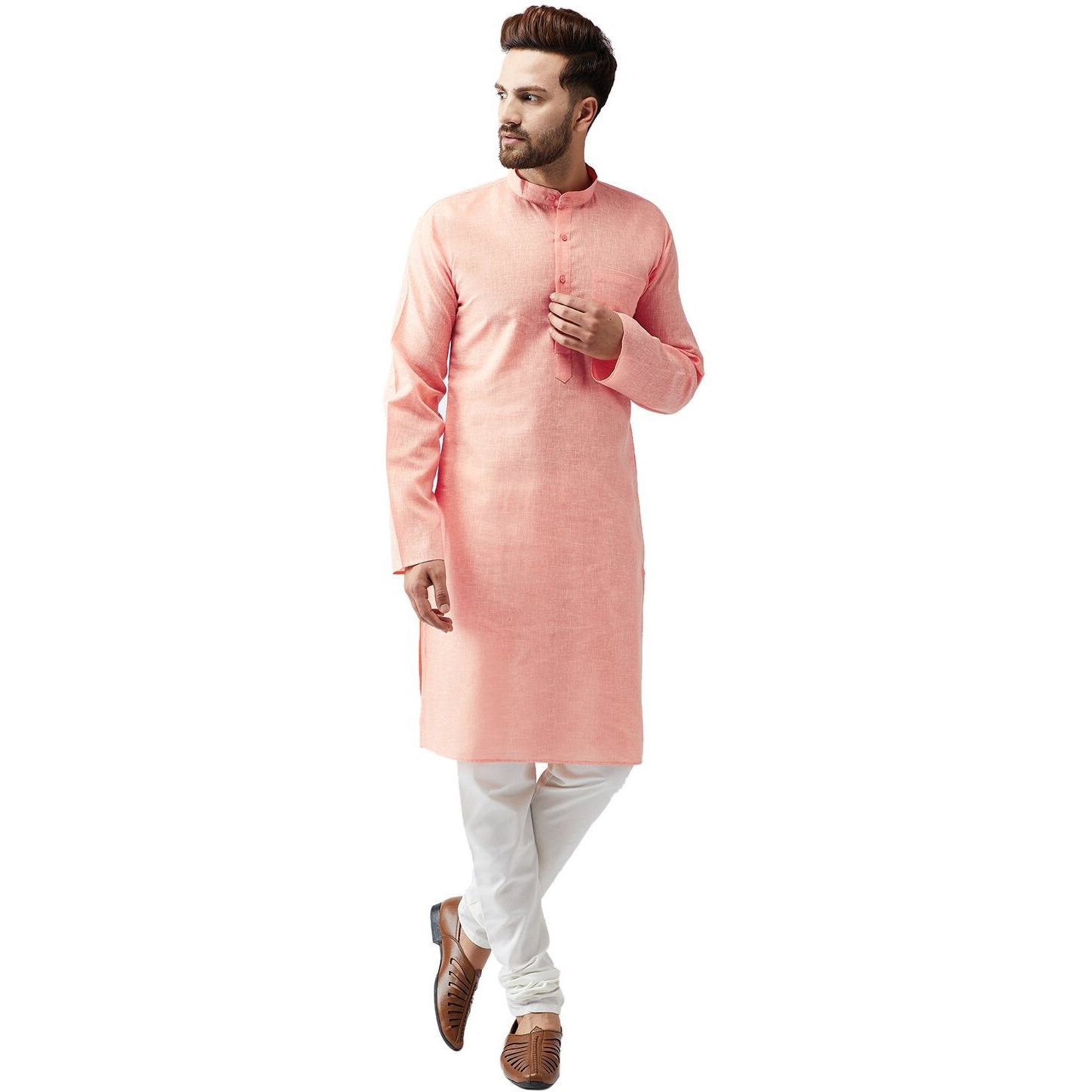 Sojanya (Since 1958 Men's Orange Cotton Kurta & Churidar Pyjama Sets Size M