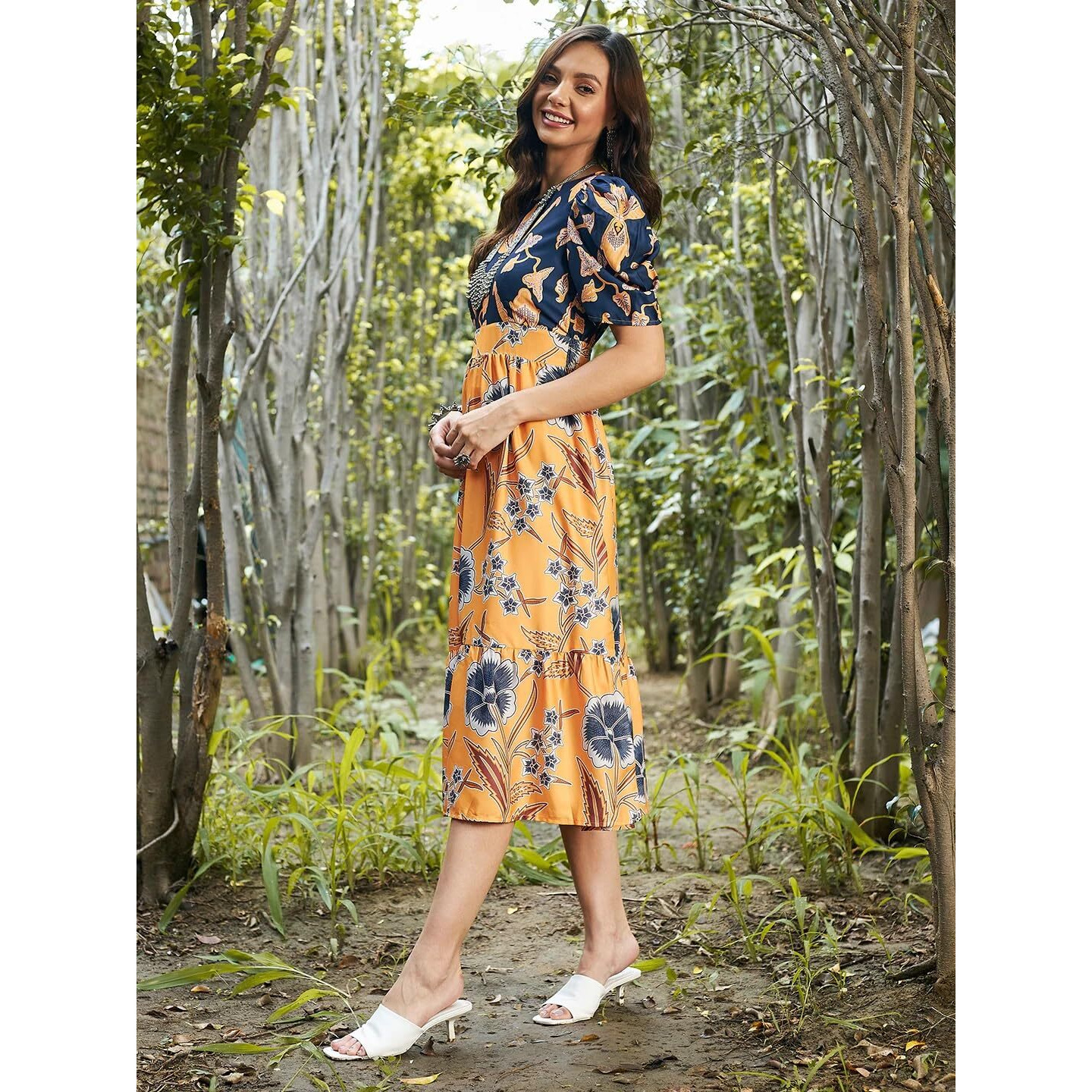 Sugathari Women's Orange Creap Solid Floral Boat Neck A-Line Dress For Women (Dress2 111 Orange Xxl)
