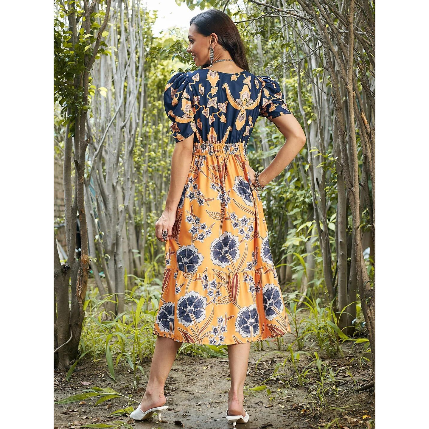 Sugathari Women's Orange Creap Solid Floral Boat Neck A-Line Dress For Women (Dress2 111 Orange Xxl)