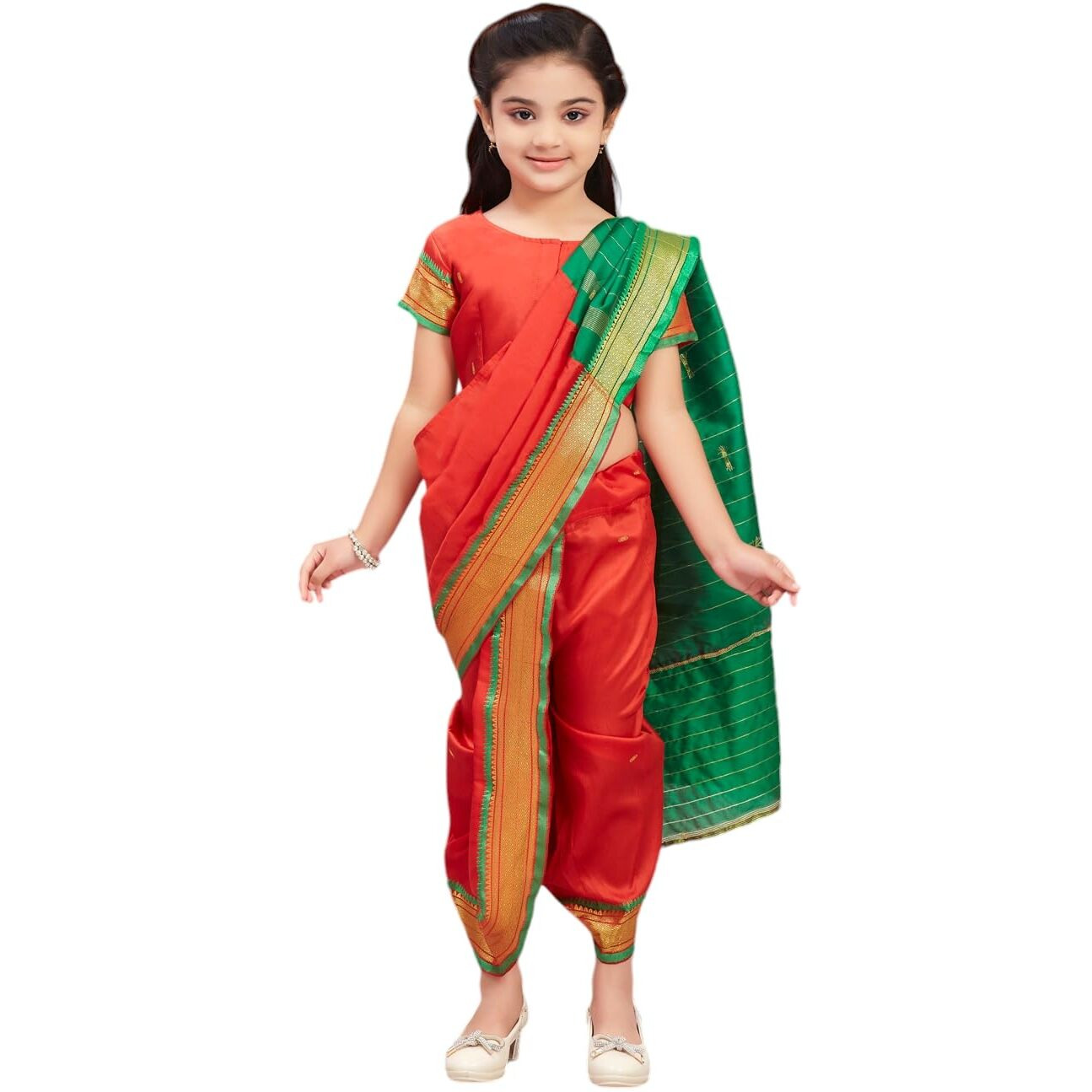 Aarika Girls Ethnic Wear Red Colour Shree Nav Silk Saree (4-9 Years)