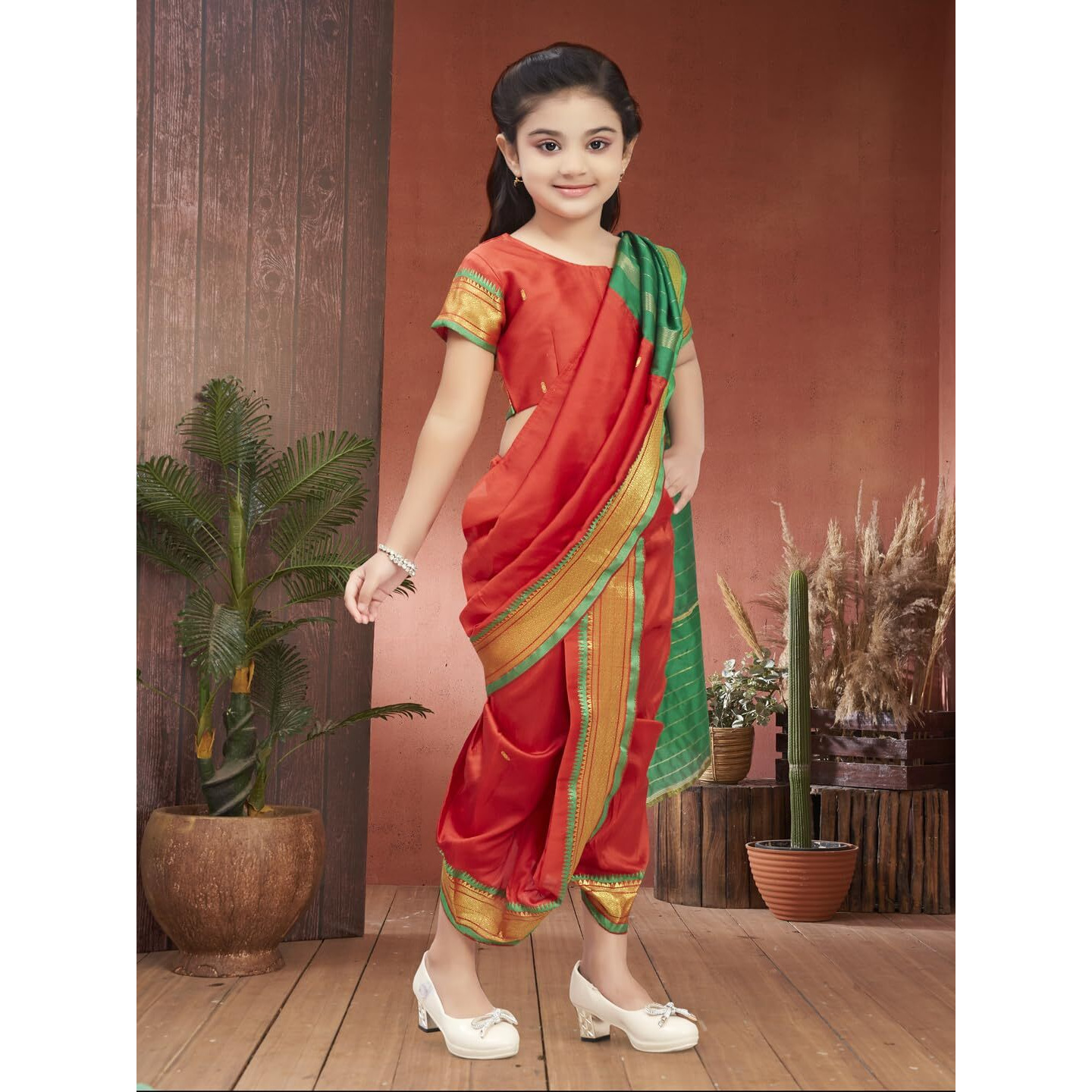 Aarika Girls Ethnic Wear Red Colour Shree Nav Silk Saree (4-9 Years)