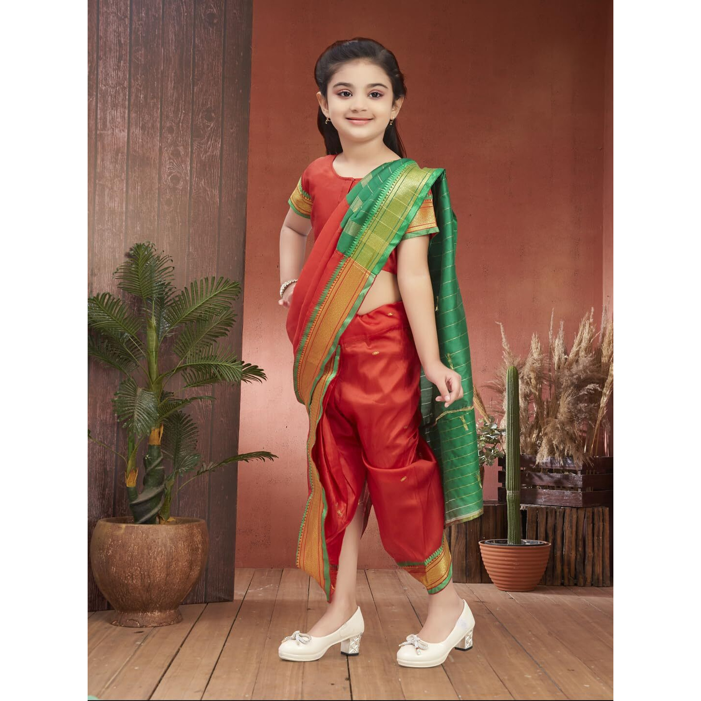Aarika Girls Ethnic Wear Red Colour Shree Nav Silk Saree (4-9 Years)