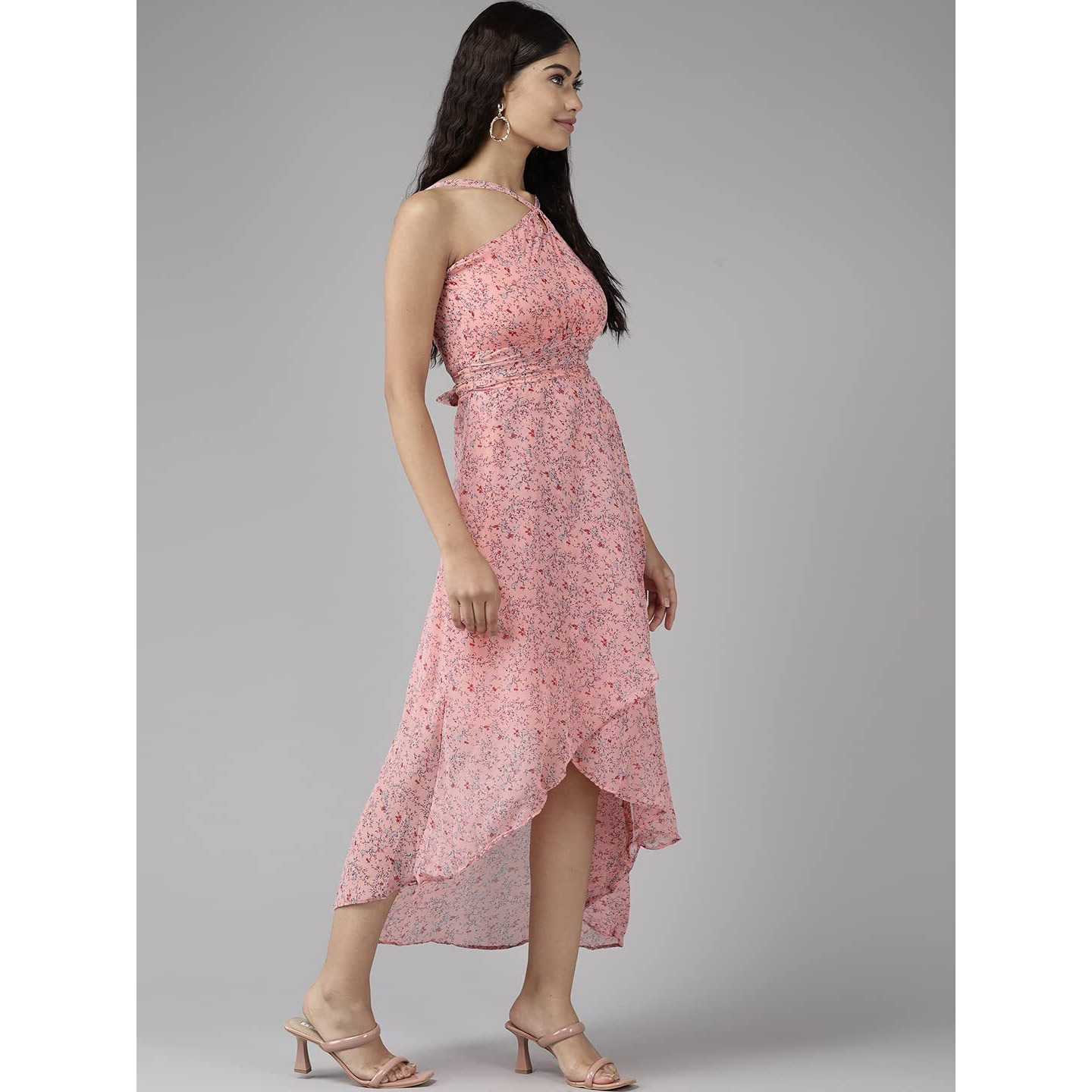 Aarika Womens Peach Color Floral Georgette Dress (Dr-Aw-037-Peach-M)