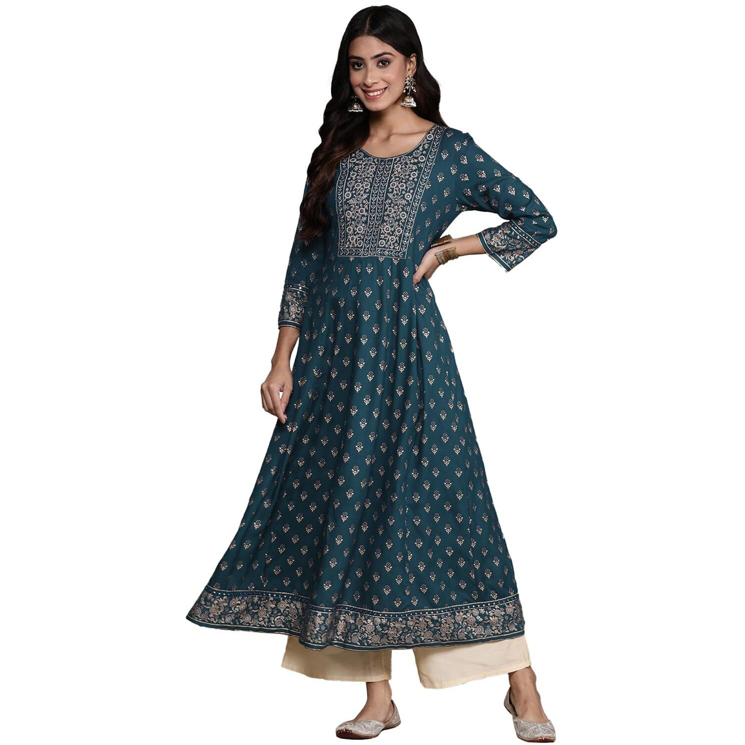 Anubhutee Women's Viscose Rayon Ethnic Motifs Embroidered Teal Mirror Work A-Line Kurta