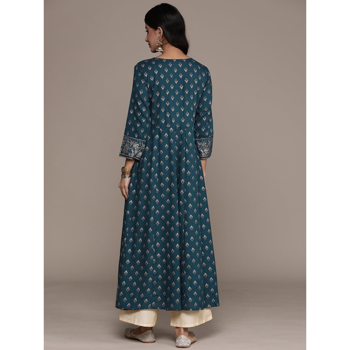 Anubhutee Women's Viscose Rayon Ethnic Motifs Embroidered Teal Mirror Work A-Line Kurta