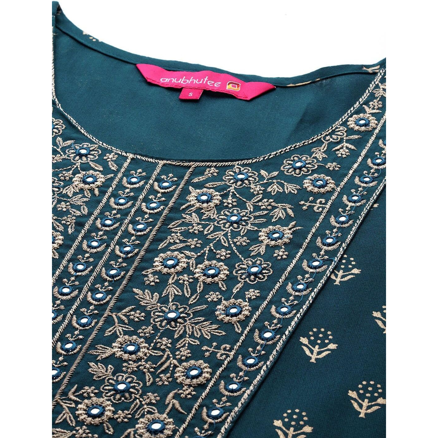 Anubhutee Women's Viscose Rayon Ethnic Motifs Embroidered Teal Mirror Work A-Line Kurta