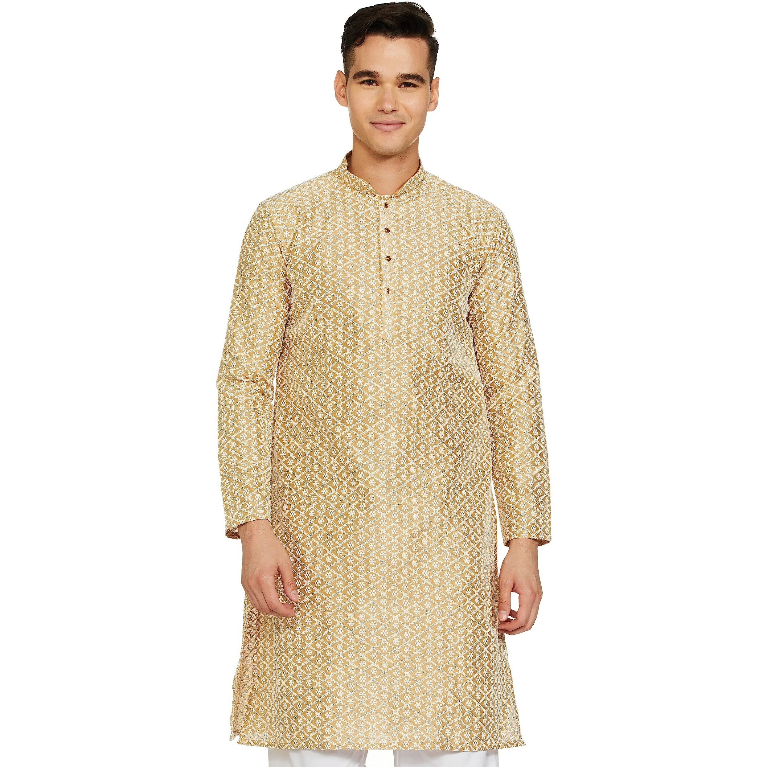 Be Active Men's Traditional Embroidered Lucknowi Full Sleeves Kurta || Cotton Kurta For Men || Men Kurta For Wedding || Kurta For Men (Rfsk0013-Kr 5 Xxl) Coffee