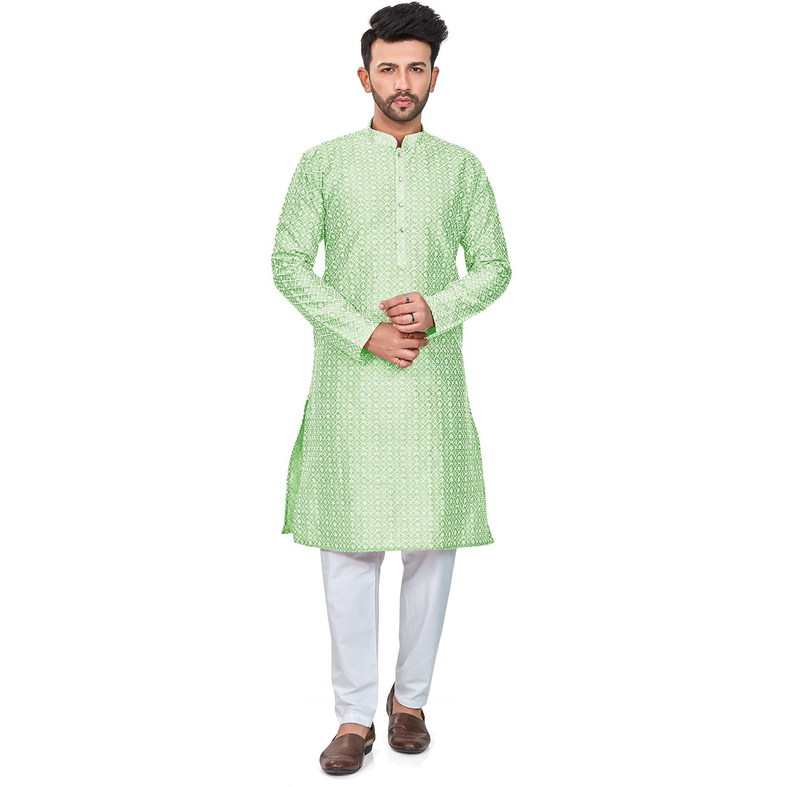 Be Active Solid Regular Men's Pure Cotton Lucknowi Kurta Pyjama Set, Light Green, 2Xl (Rfsk0013 15 Xxl