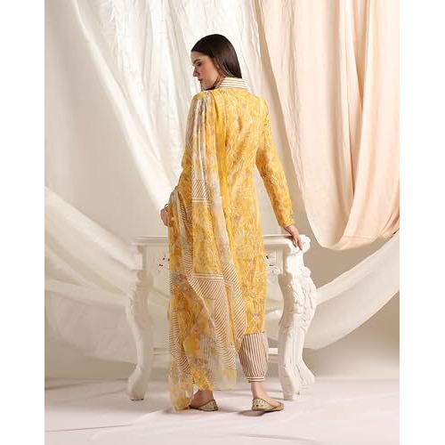 Dhruvi Trendz Womens Cotton Blend Women Kurta Set With Duptta And Pant Regular Fit Dt-K2717&P139&D94 (Dt-K2717&P139&D94_Yellow_3Xl)