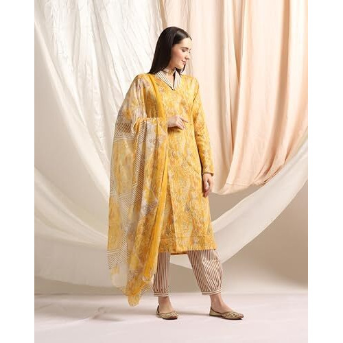 Dhruvi Trendz Womens Cotton Blend Women Kurta Set With Duptta And Pant Regular Fit Dt-K2717&P139&D94 (Dt-K2717&P139&D94_Yellow_3Xl)