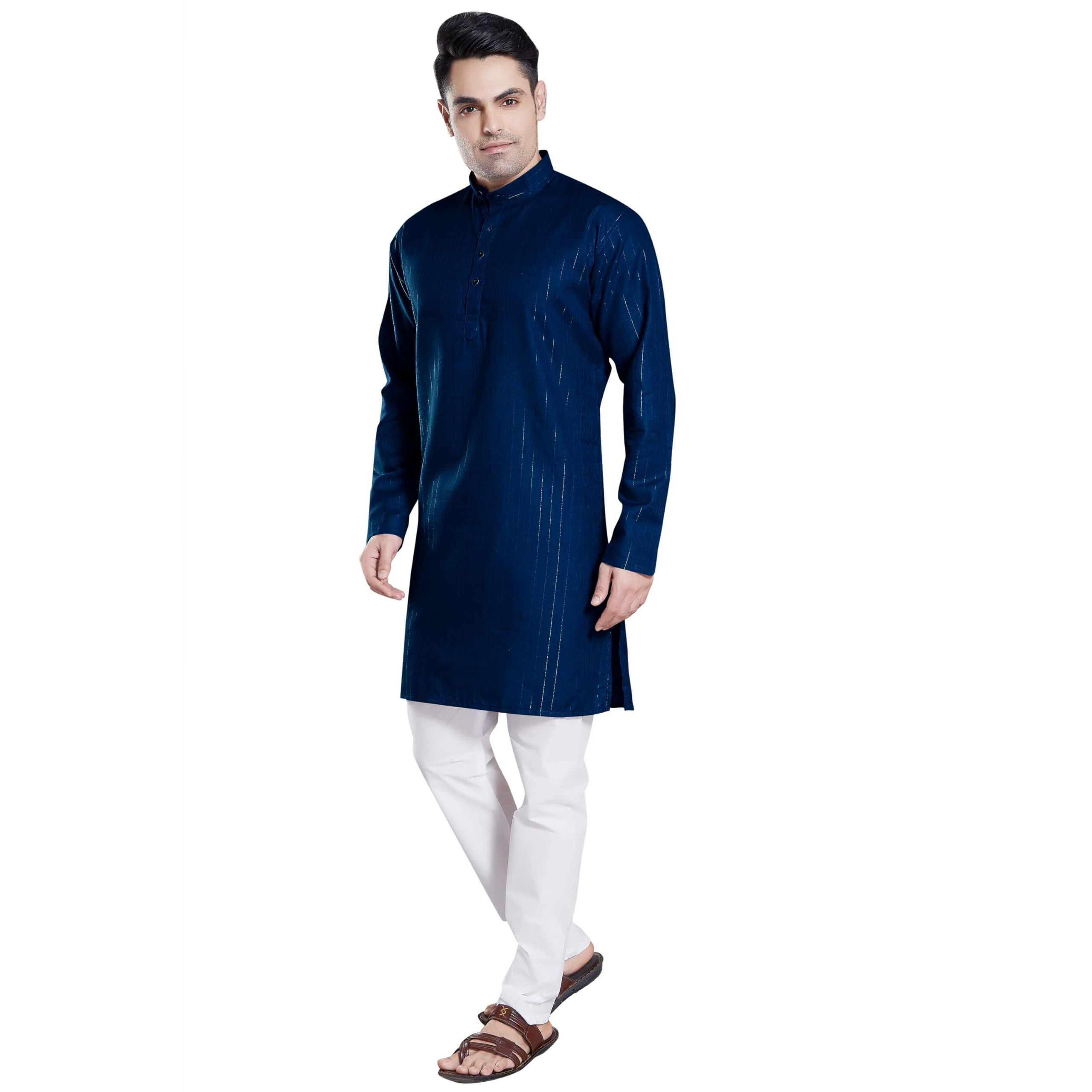 Divisive Men's Self Zari Line Cotton Blend Slim Fit Kurta Pyjama Set (Dkrt76_Xxl_Navy Blue)