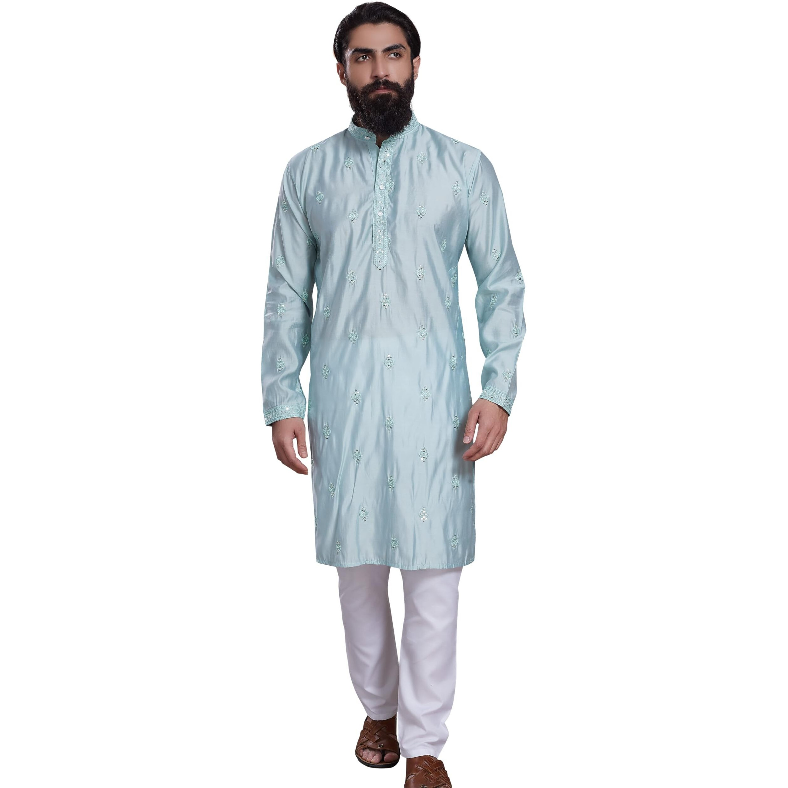 Divisive Men's Embroidered Cotton Silk Blend Only Slim Fit Kurta (Dkrt213_L_Sea Green)