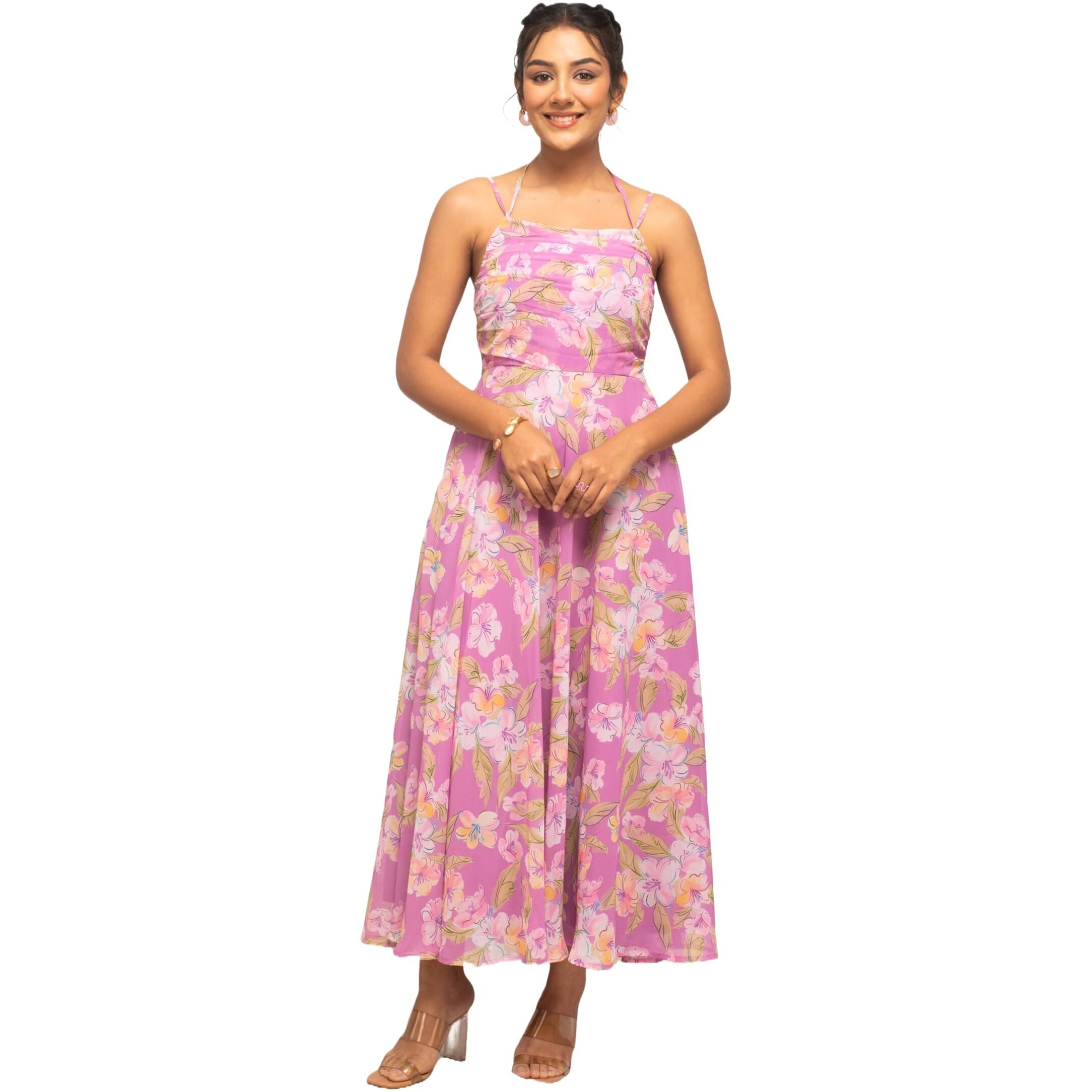 Fiorra Women's Light Pink Georgette Floral Printed Dress Dr0011