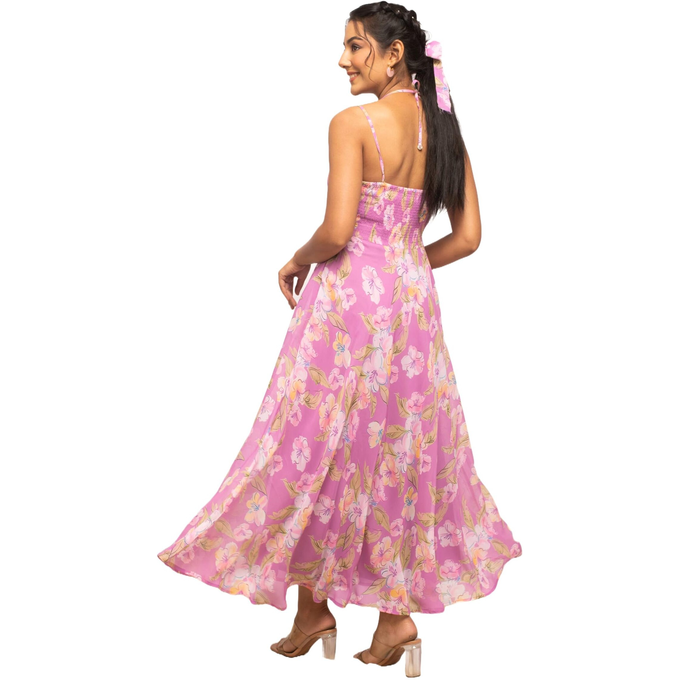 Fiorra Women's Light Pink Georgette Floral Printed Dress Dr0011