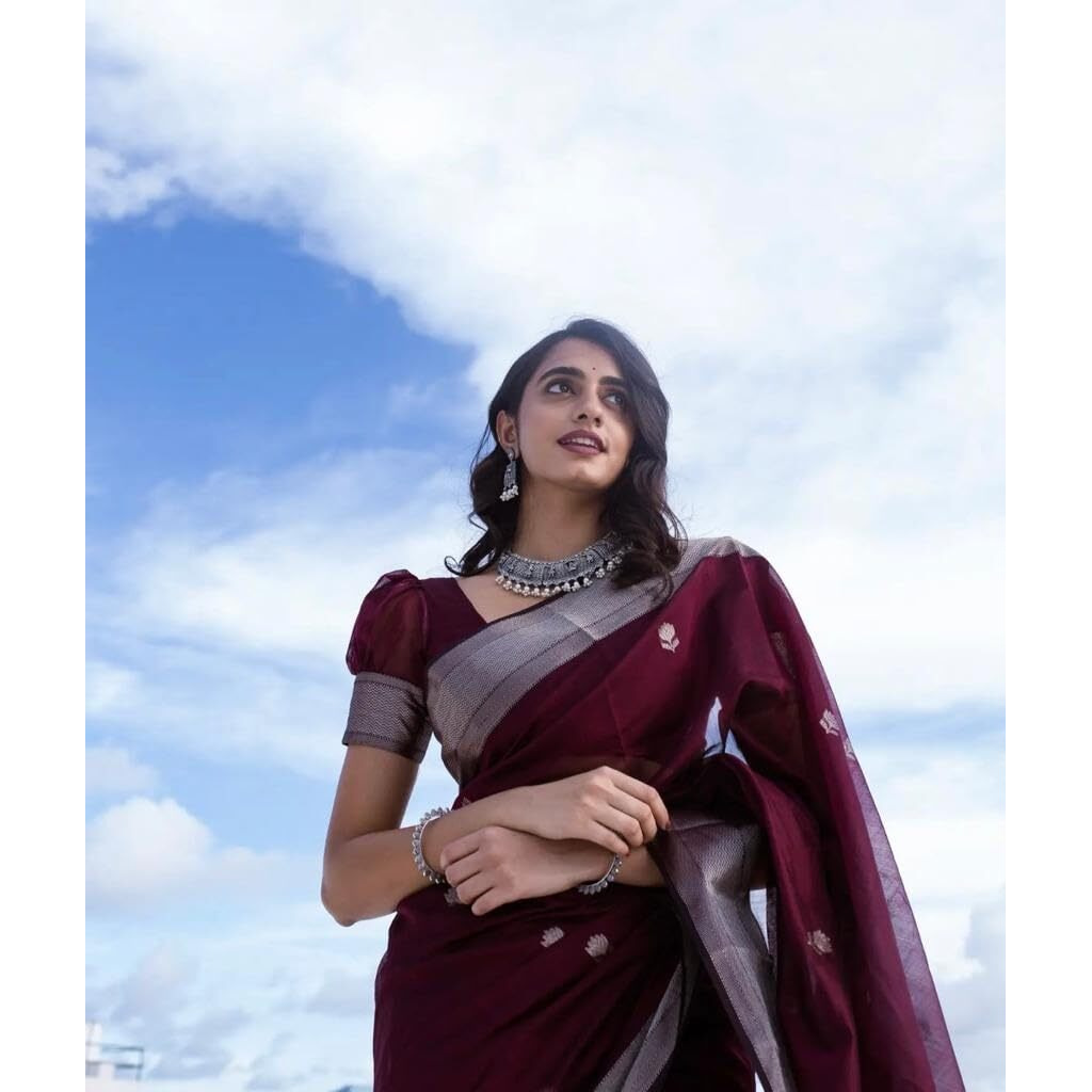 Flosive Women's Cotton Woven Soft Silk Saree With Blouse Piece Multicolor (Maroon)