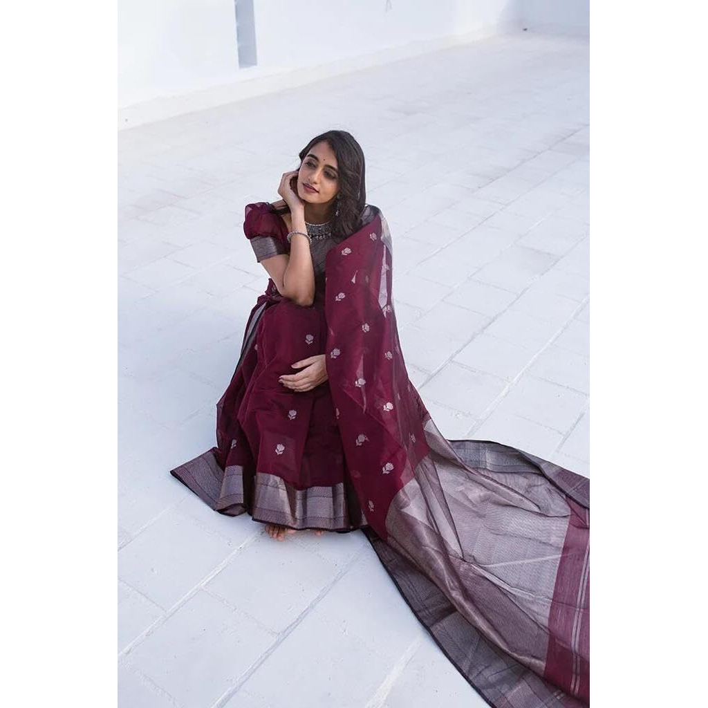 Flosive Women's Cotton Woven Soft Silk Saree With Blouse Piece Multicolor (Maroon)